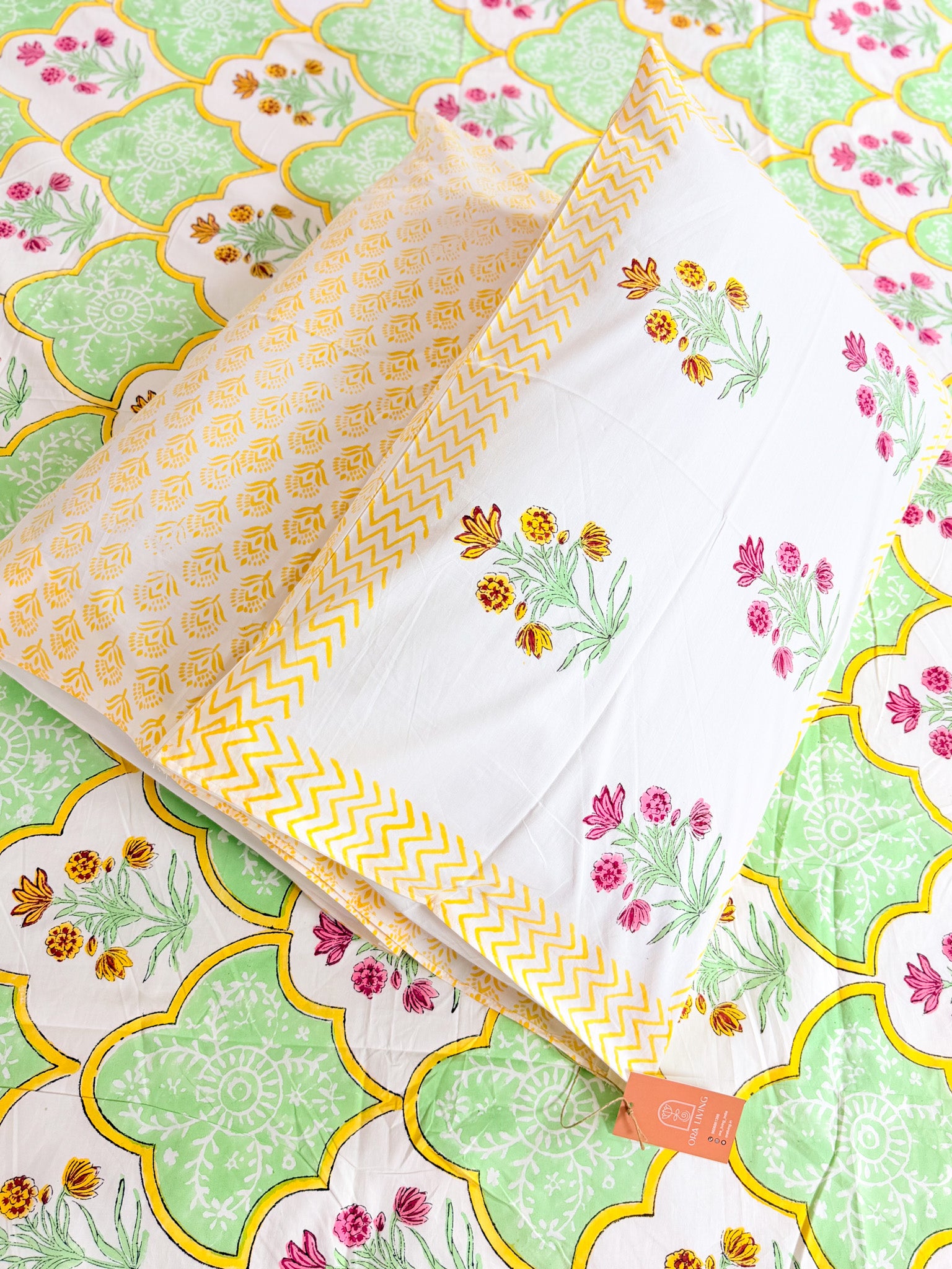 Gardenia handblock printed bedsheet floral and scallop print detail by ORA Living