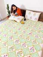 Gardenia handblock printed fitted bedsheet in a bedroom setting by ORA Living