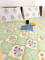 Gardenia handblock printed fitted bedsheet with matching pillow covers by ORA Living