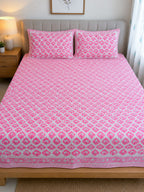 Pink Parrot Handblock Premium Cotton Bedsheet Set — hand-block printed bedsheet set, product view 1.