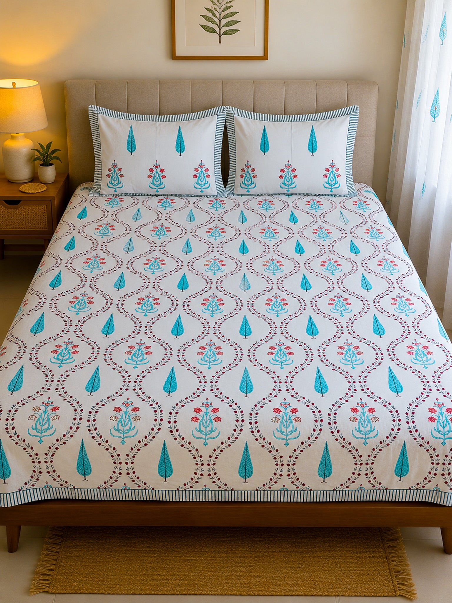 Turquoise Cypress & Pink Floral Handblock Premium Cotton Bedsheet Set — hand-block printed bedsheet set, product view 1.