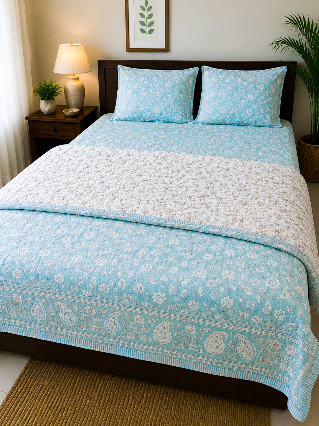 ORA Living Indigo Palm Frame Handblock Reversible Pure Mulmul Cotton Quilt floral or motif detail