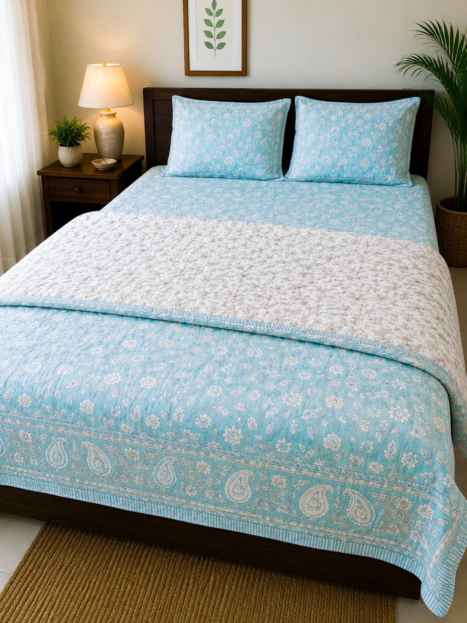 ORA Living Indigo Palm Frame Handblock Reversible Pure Mulmul Cotton Quilt floral or motif detail