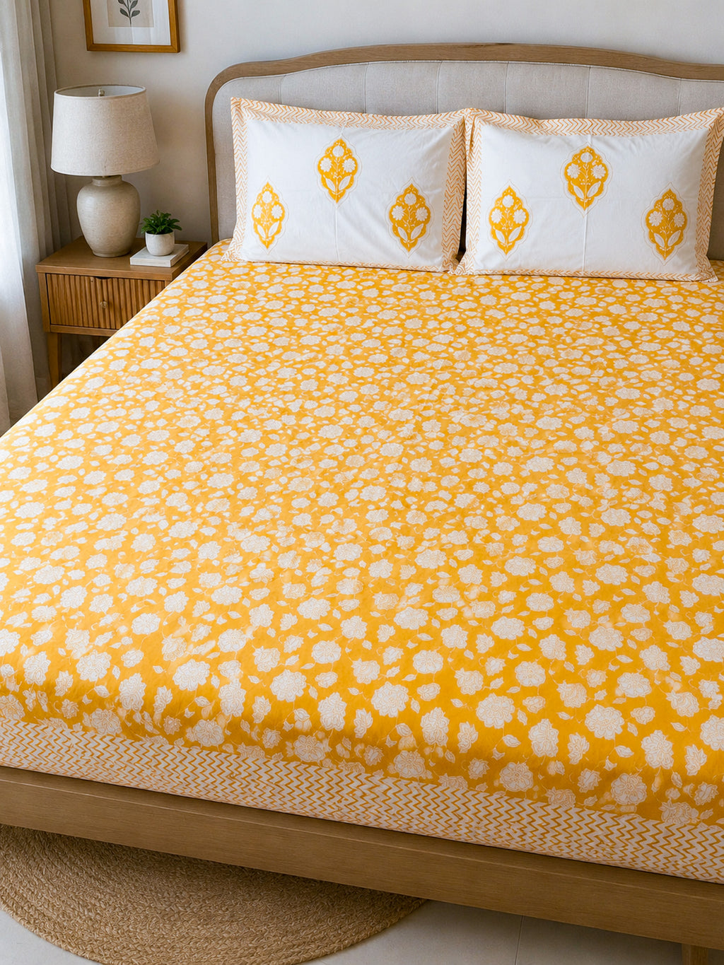 Yellow Floral Handblock Premium Cotton Bedsheet Set — hand-block printed bedsheet set, product view 1.