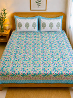 Pink Anar & Blue Leaf Handblock Premium Cotton Bedsheet Set — hand-block printed bedsheet set, product view 1.