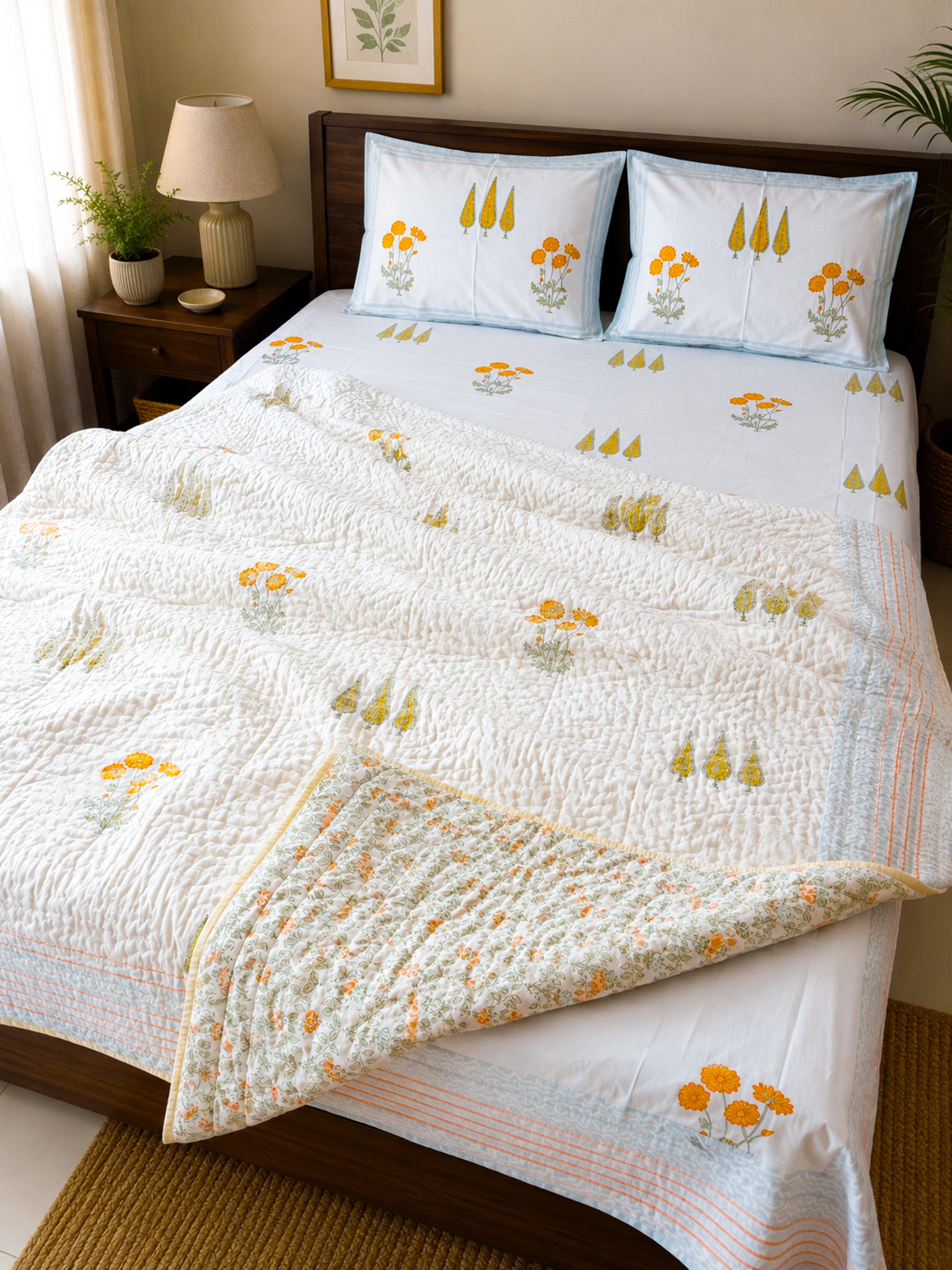ORA Living Yellow Flower Blue Stripe Handblock Reversible Pure Mulmul Cotton Quilt shown with both printed sides
