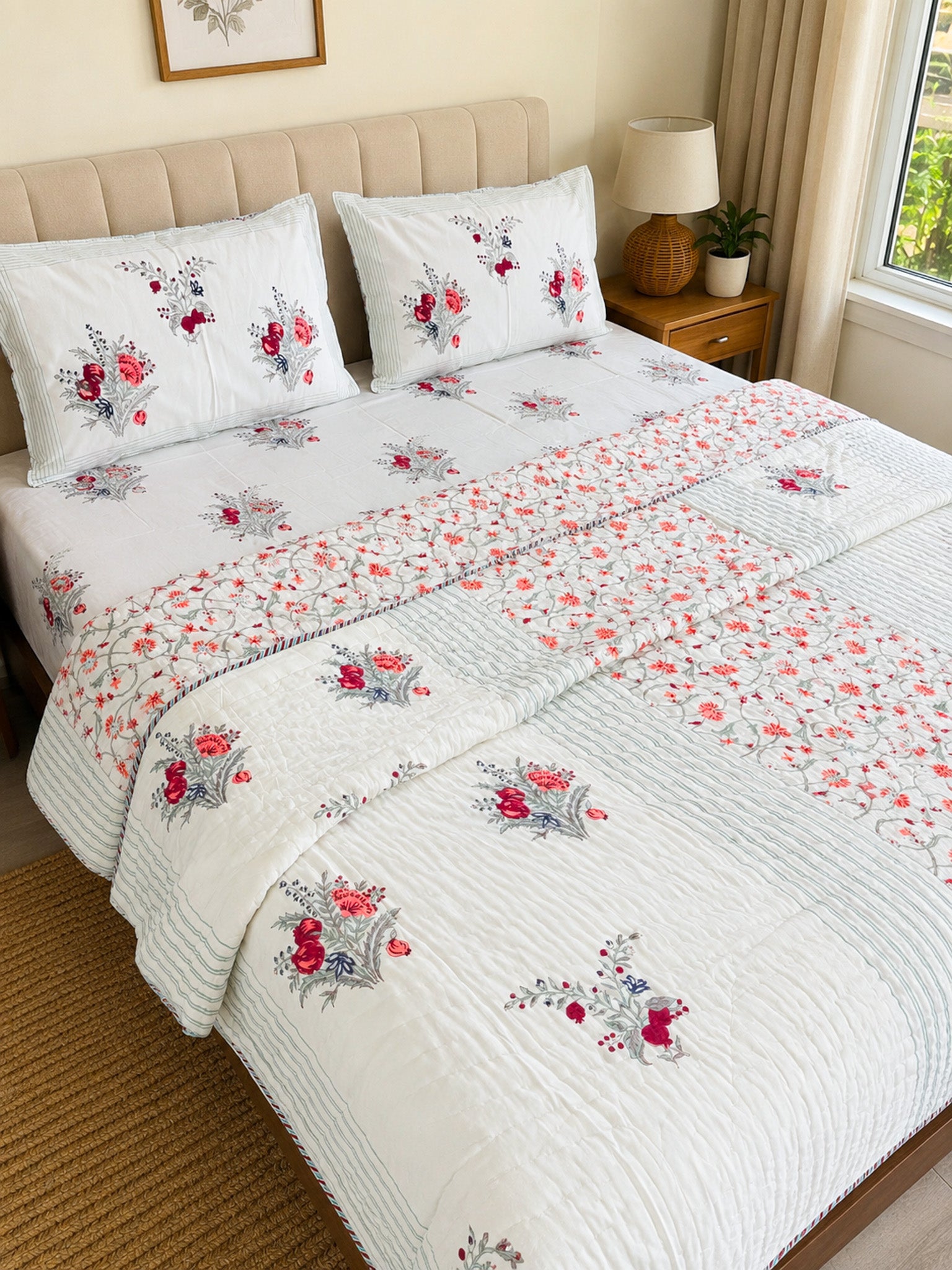 ORA Living Pink Anar Garden Handblock Reversible Pure Mulmul Cotton Quilt shown with both printed sides