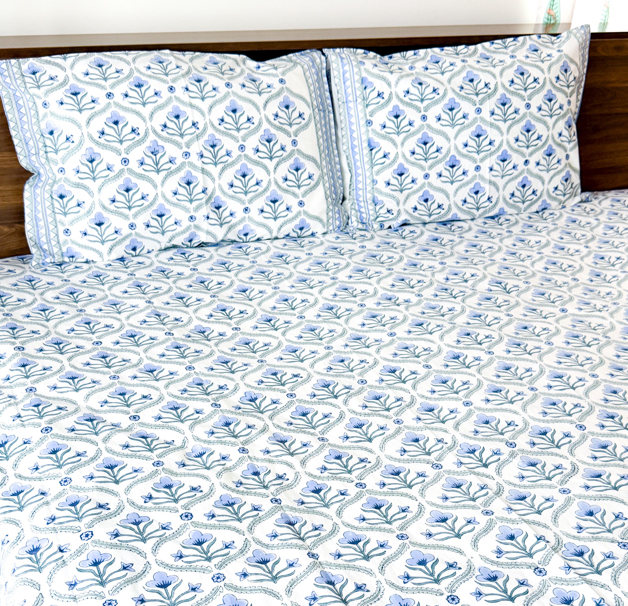 Blue Floral Butta Handblock Premium Cotton Bedsheet Set — hand-block printed bedsheet set, product view 1.