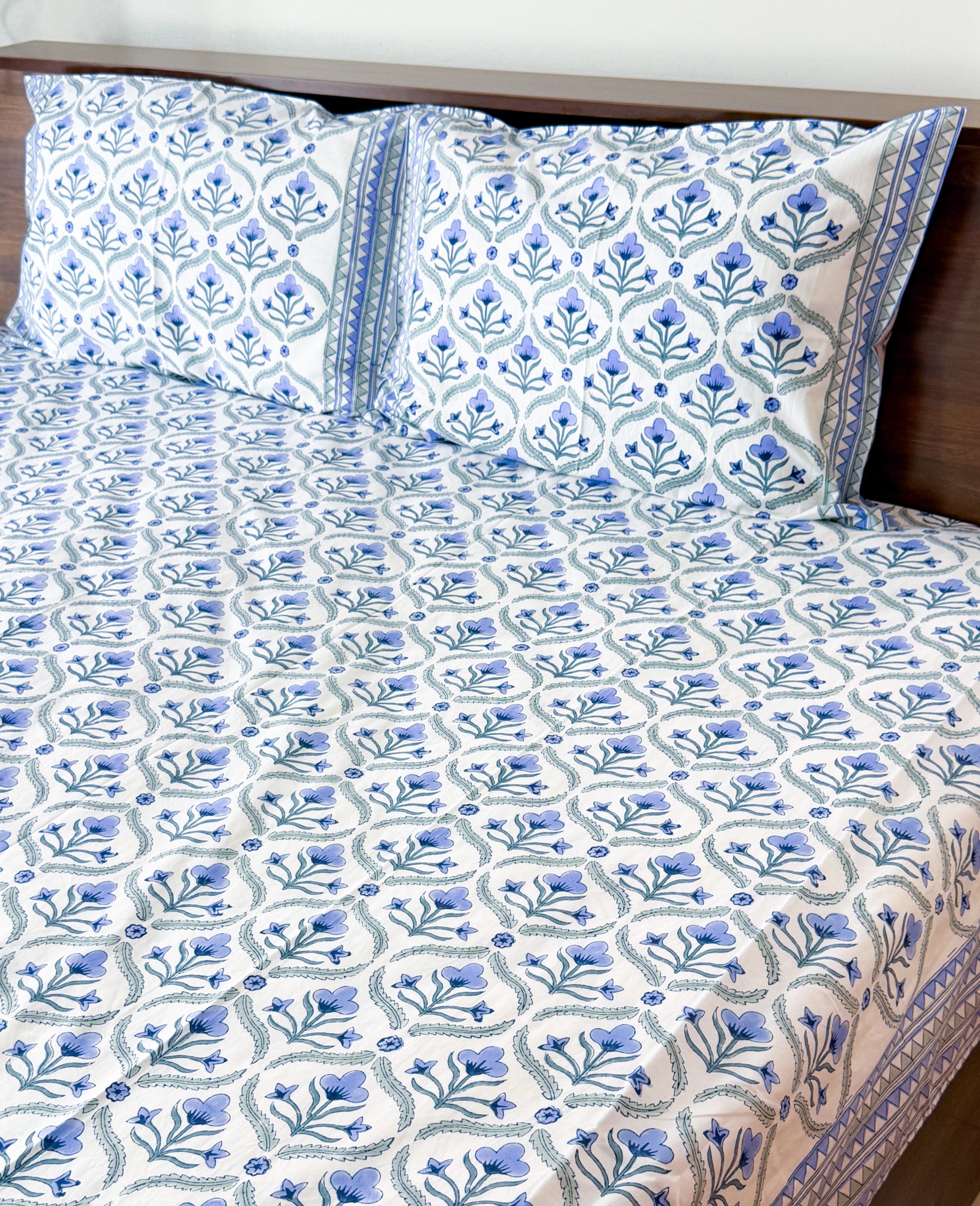 Blue Floral Butta Handblock Premium Cotton Bedsheet Set — hand-block printed bedsheet set, product view 2.