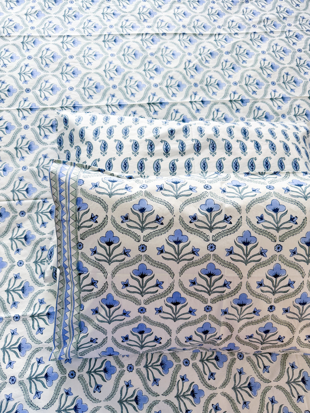 Blue Floral Butta Handblock Premium Cotton Bedsheet Set — hand-block printed bedsheet set, product view 3.