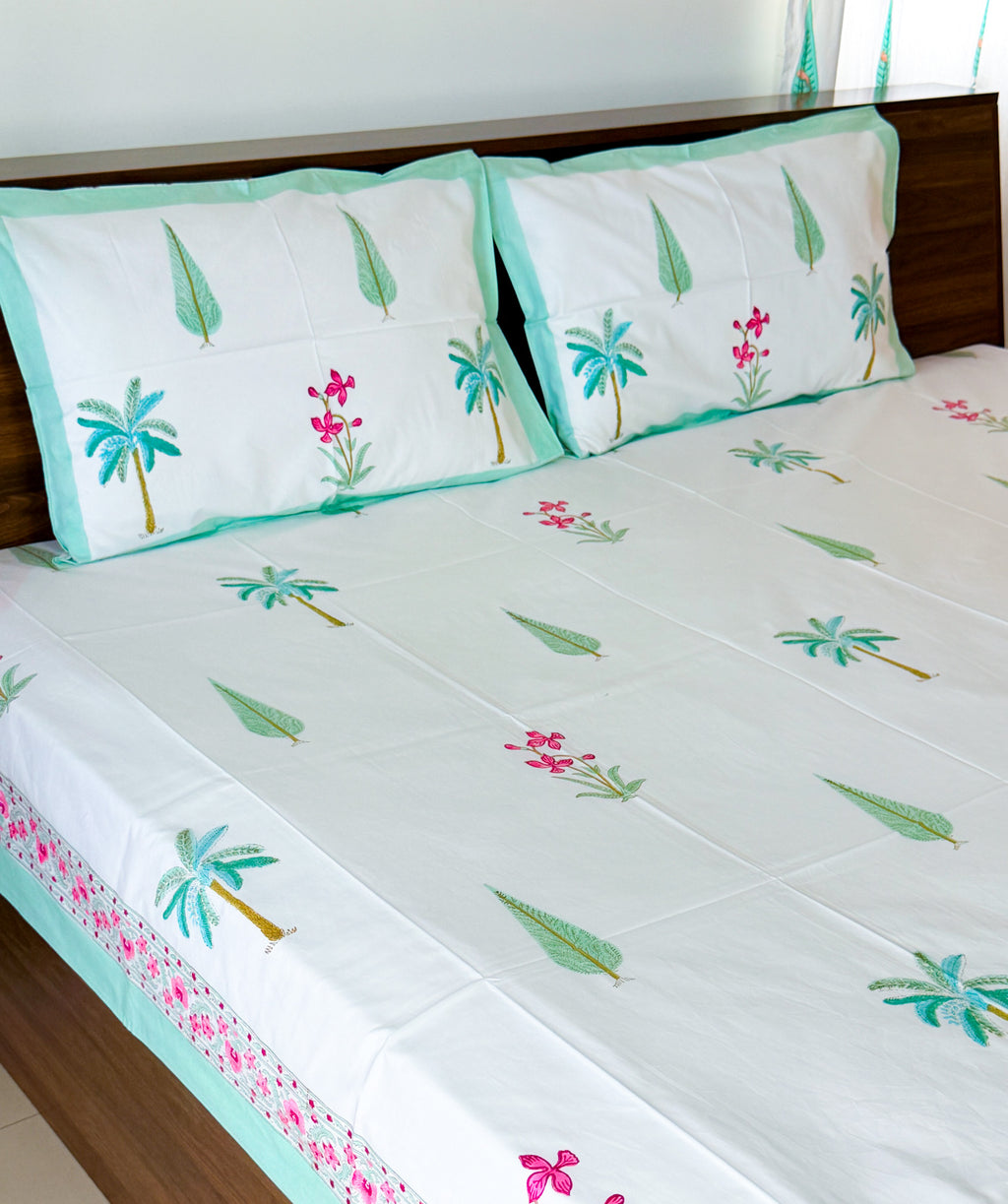 Palm & Pink Floral Handblock Premium Cotton Bedsheet Set — hand-block printed bedsheet set, product view 1.