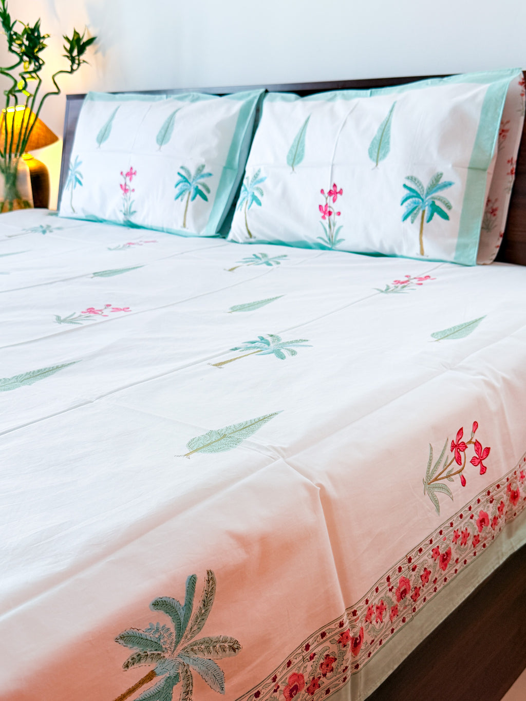 Palm & Pink Floral Handblock Premium Cotton Bedsheet Set — hand-block printed bedsheet set, product view 2.
