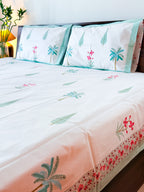 Palm & Pink Floral Handblock Premium Cotton Bedsheet Set — hand-block printed bedsheet set, product view 2.