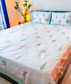 Palm & Pink Floral Handblock Premium Cotton Bedsheet Set — hand-block printed bedsheet set, product view 5.