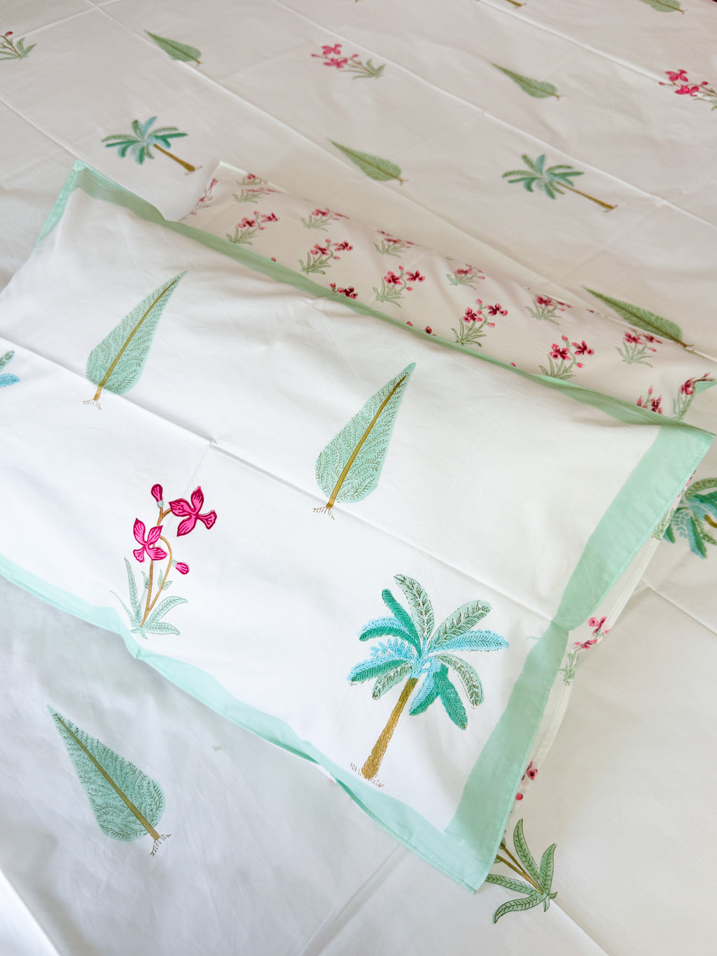 Palm & Pink Floral Handblock Premium Cotton Bedsheet Set — hand-block printed bedsheet set, product view 8.