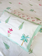 Palm & Pink Floral Handblock Premium Cotton Bedsheet Set — hand-block printed bedsheet set, product view 8.