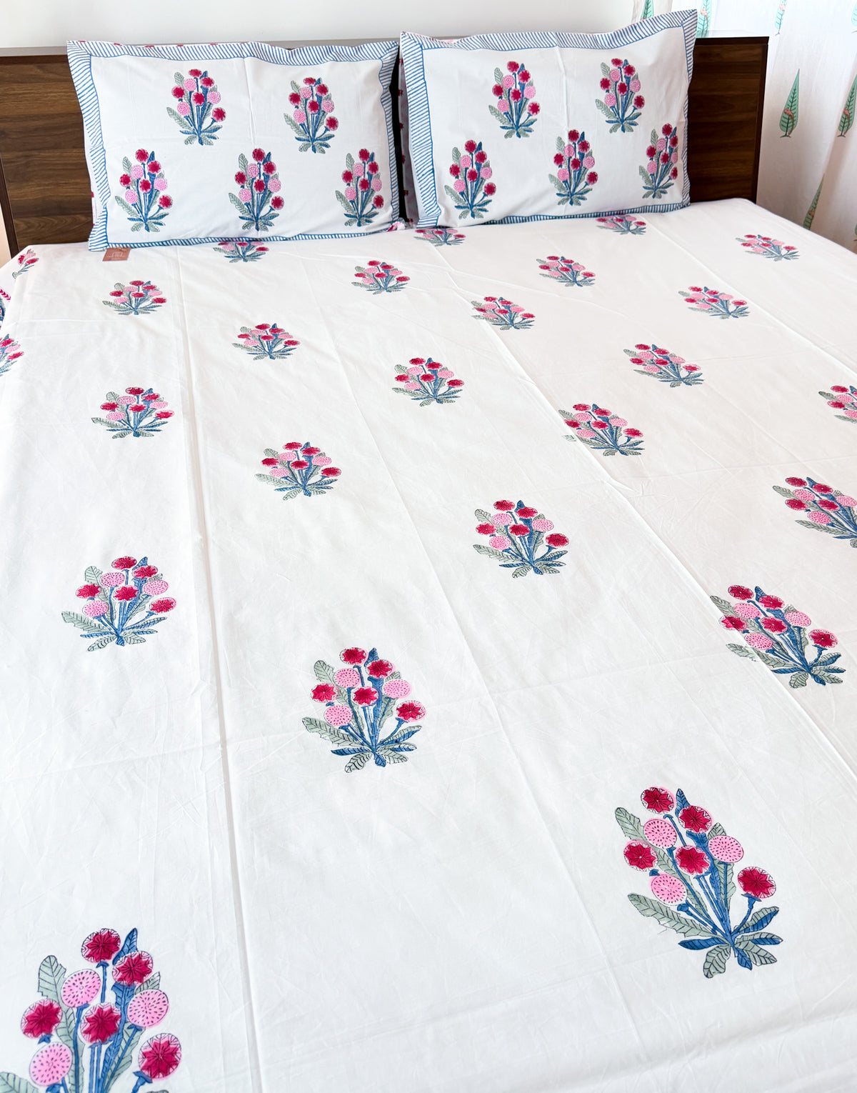 Pink Geometric Floral Handblock Premium Cotton Bedsheet Set — hand-block printed bedsheet set, product view 6.