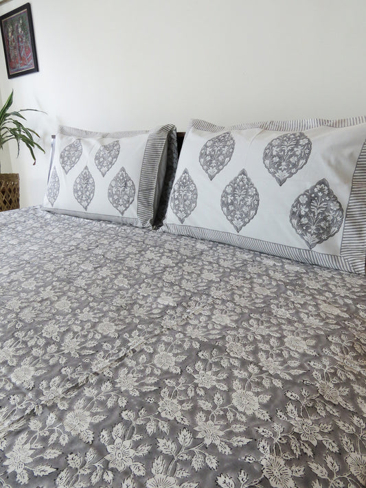 Grey Floral Handblock Printed Premium Cotton Bedsheet with Two Reversible Pillow Covers