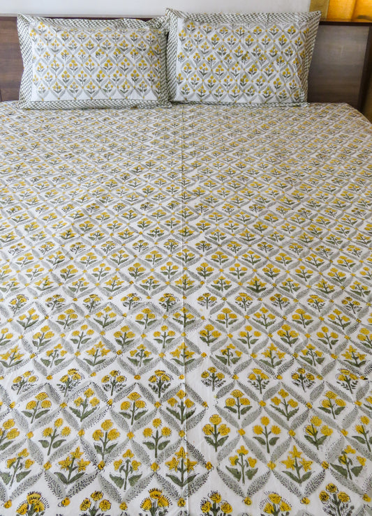 MARIGOLD DIAMOND Handblock Printed Premium Cotton Bedsheet with Two Reversible Pillow Covers