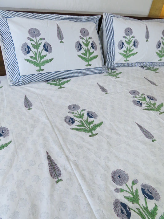 Monsoon Bloom Handblock Printed Premium Cotton Bedsheet with Two Reversible Pillow Covers