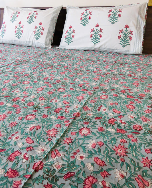 FOREST FLOWER Handblock Printed Premium Cotton Bedsheet with Two Reversible Pillow Covers
