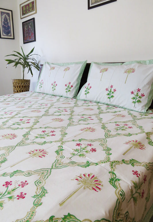 FLORAL WINDOW Handblock Printed Premium Cotton Bedsheet with Two Reversible Pillow Covers