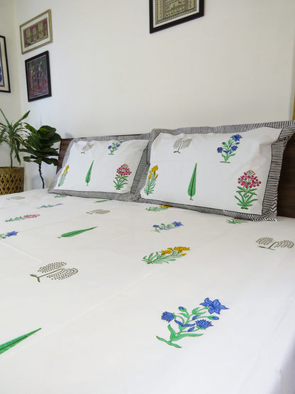 Malhaar Handblock Printed Premium Cotton Bedsheet – Botanical Print with two reversible pillow Cover