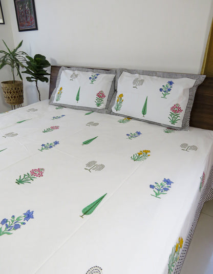 Malhaar Handblock Printed Premium Cotton Bedsheet – Botanical Print with two reversible pillow Cover