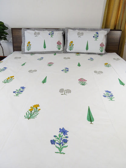 Malhaar Handblock Printed Premium Cotton Bedsheet – Botanical Print with two reversible pillow Cover