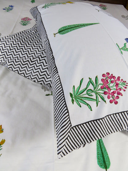 Malhaar Handblock Printed Premium Cotton Bedsheet – Botanical Print with two reversible pillow Cover