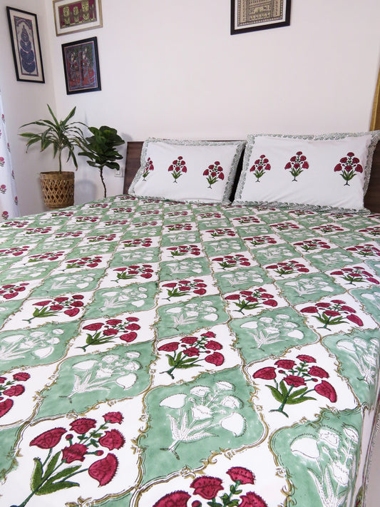 Green & Maroon Floral Handblock Printed Premium Cotton Bedsheet with Two Reversible Pillow Covers