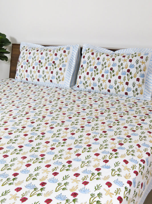 Aquatic Handblock Printed Premium Cotton Bedsheet with Two Reversible Pillow Cover