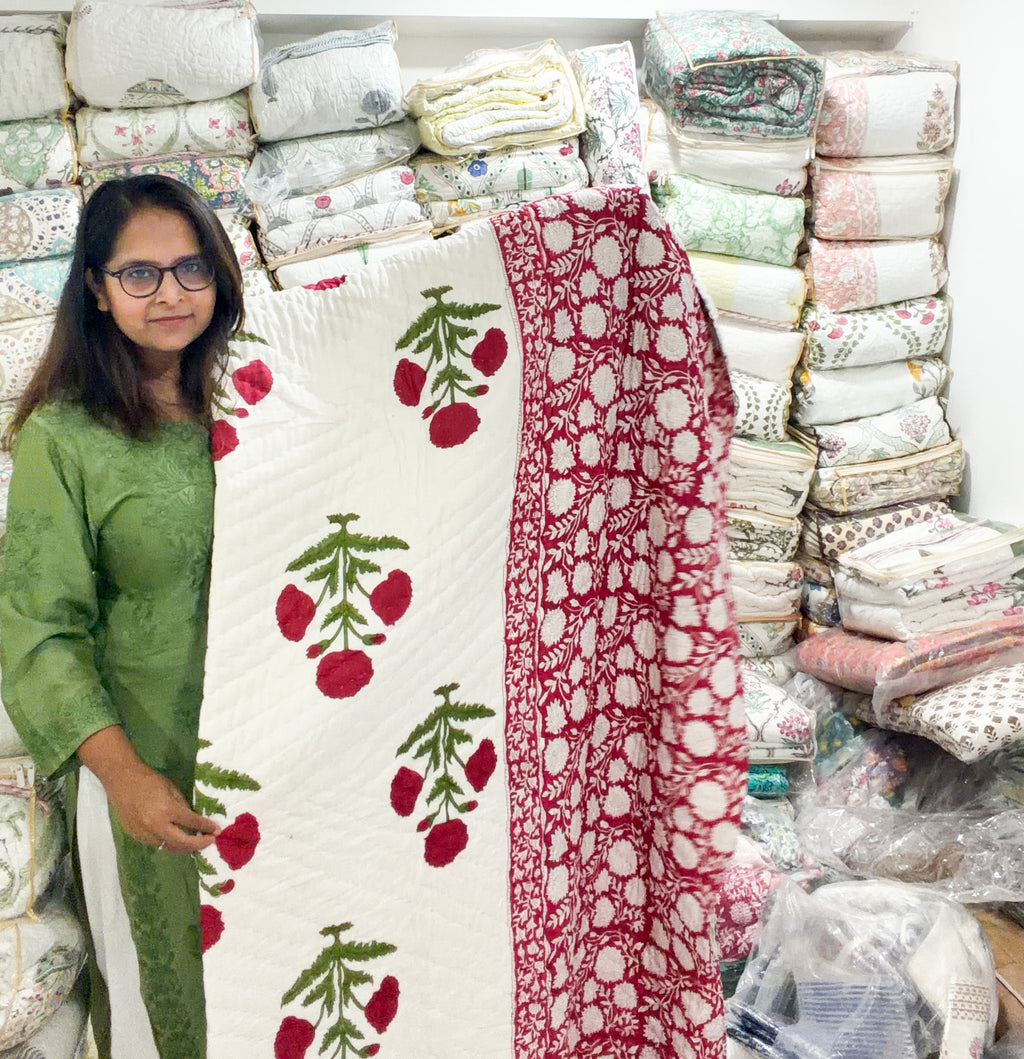 ORA Living Red Ivory Floral Handblock Reversible Pure Mulmul Cotton Quilt shown with both printed sides