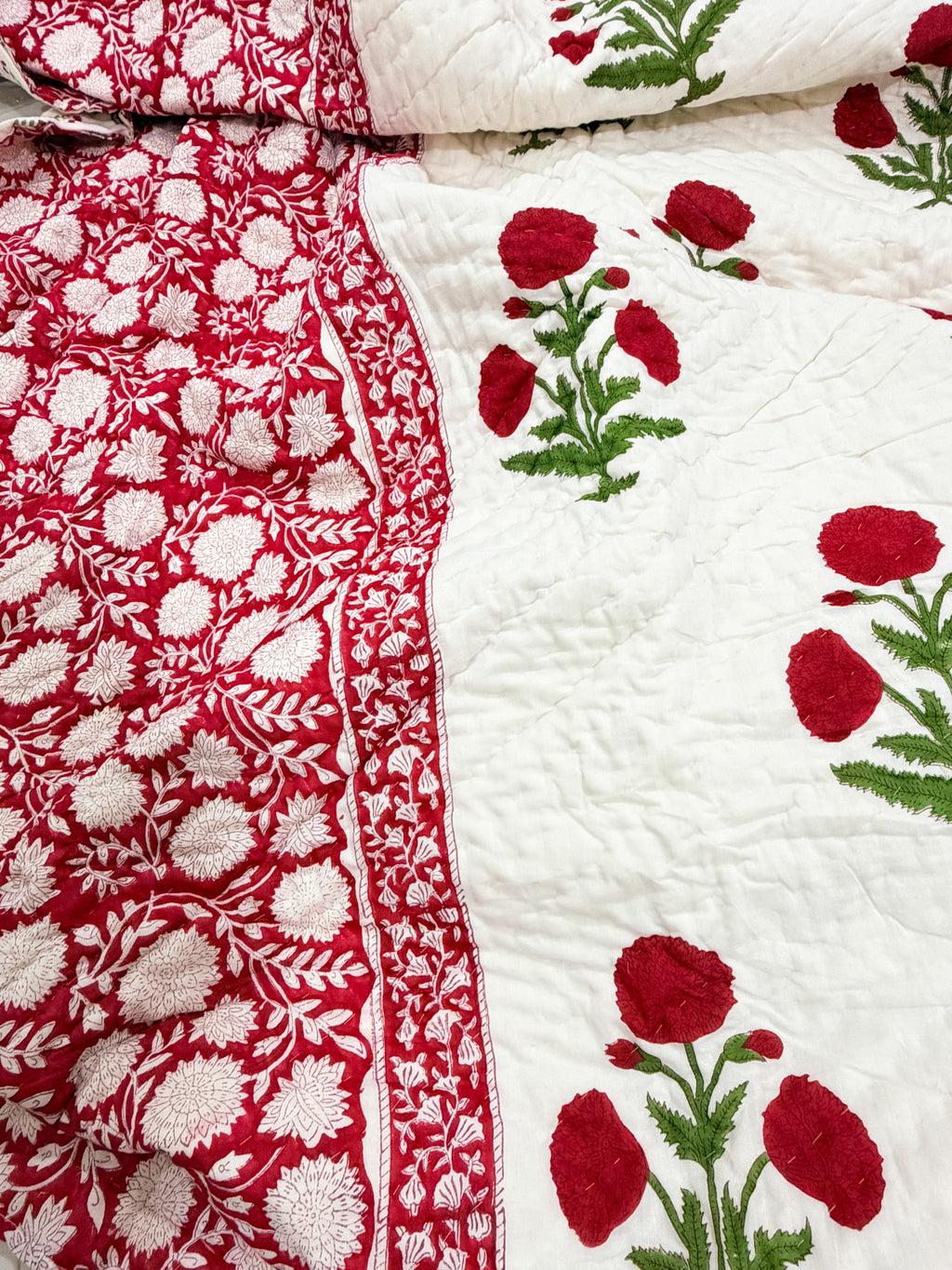 ORA Living Red Ivory Floral Handblock Reversible Pure Mulmul Cotton Quilt floral or motif detail