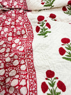 ORA Living Red Ivory Floral Handblock Reversible Pure Mulmul Cotton Quilt floral or motif detail