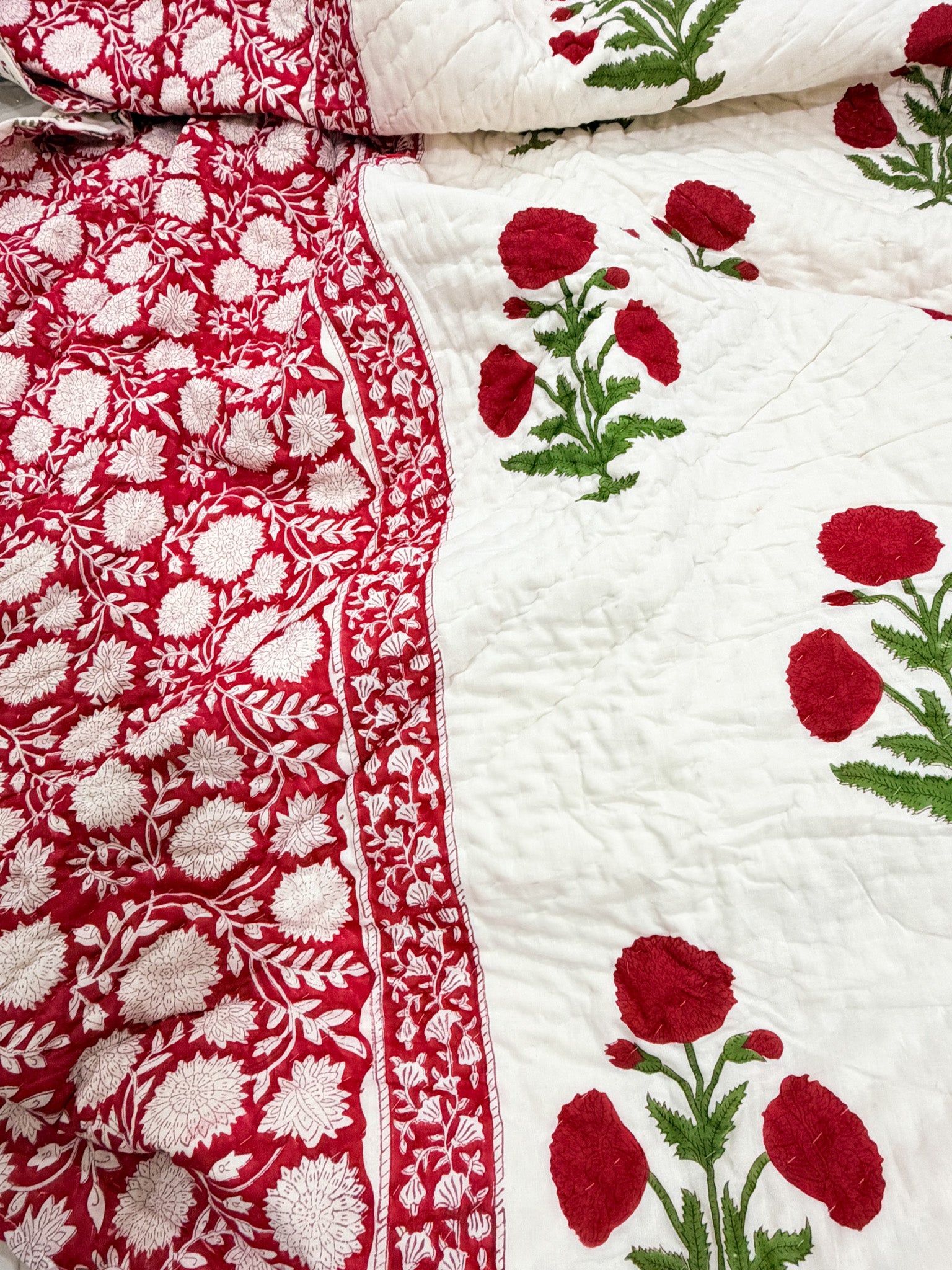 ORA Living Red Ivory Floral Handblock Reversible Pure Mulmul Cotton Quilt floral or motif detail