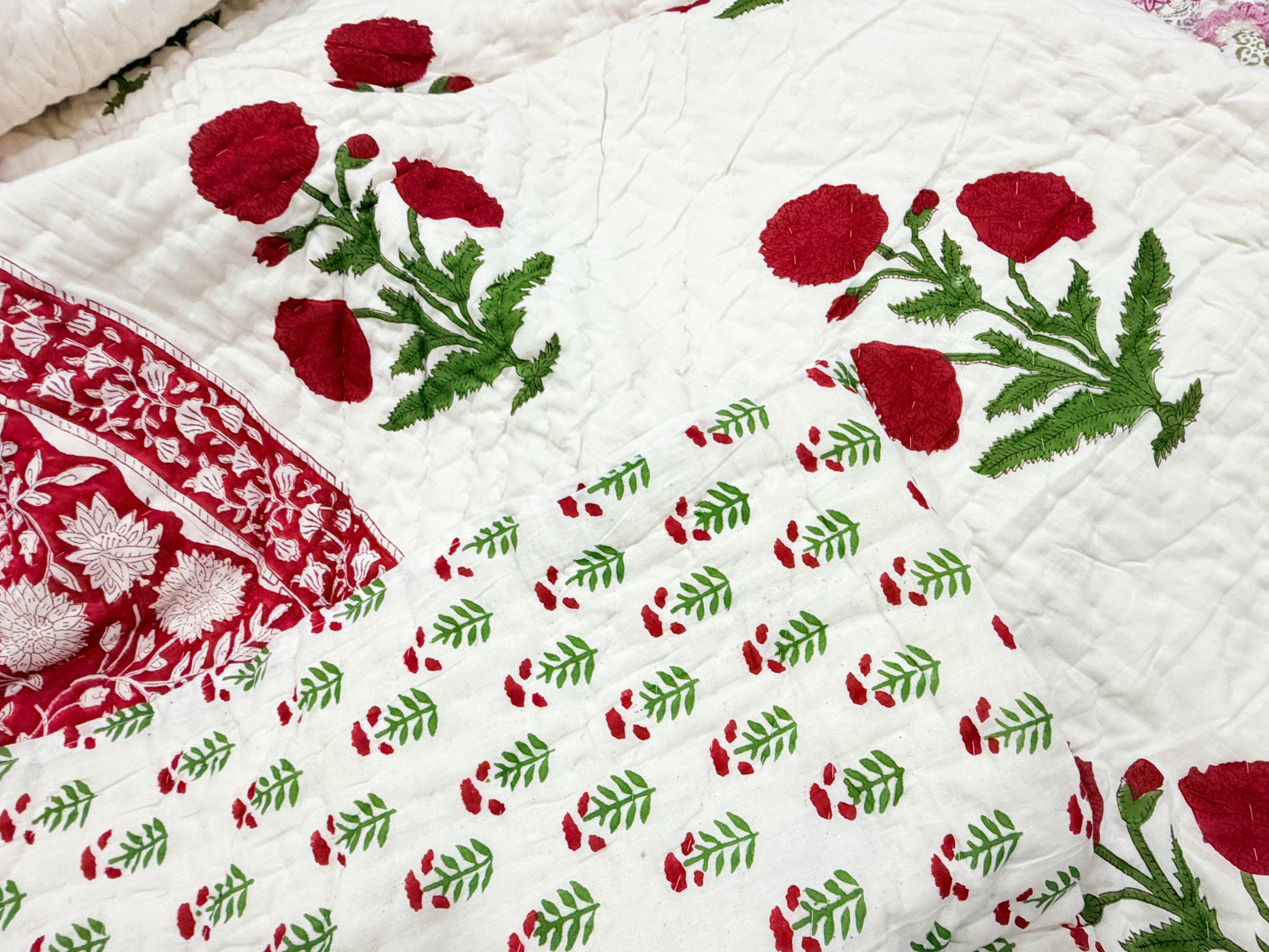 ORA Living Red Ivory Floral Handblock Reversible Pure Mulmul Cotton Quilt reversible print detail