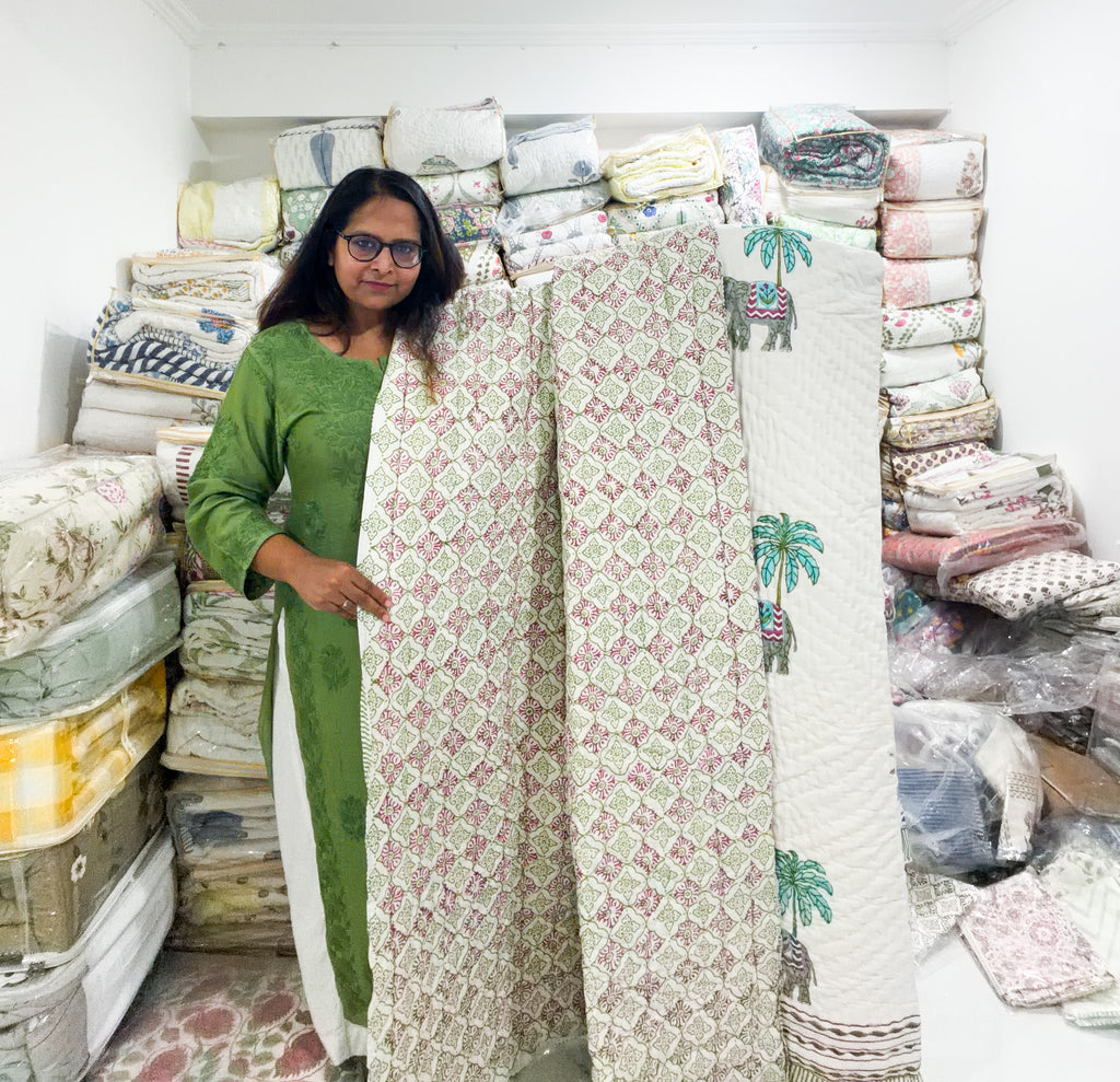 ORA Living Elephant Palm Handblock Reversible Pure Mulmul Cotton Quilt floral or motif detail