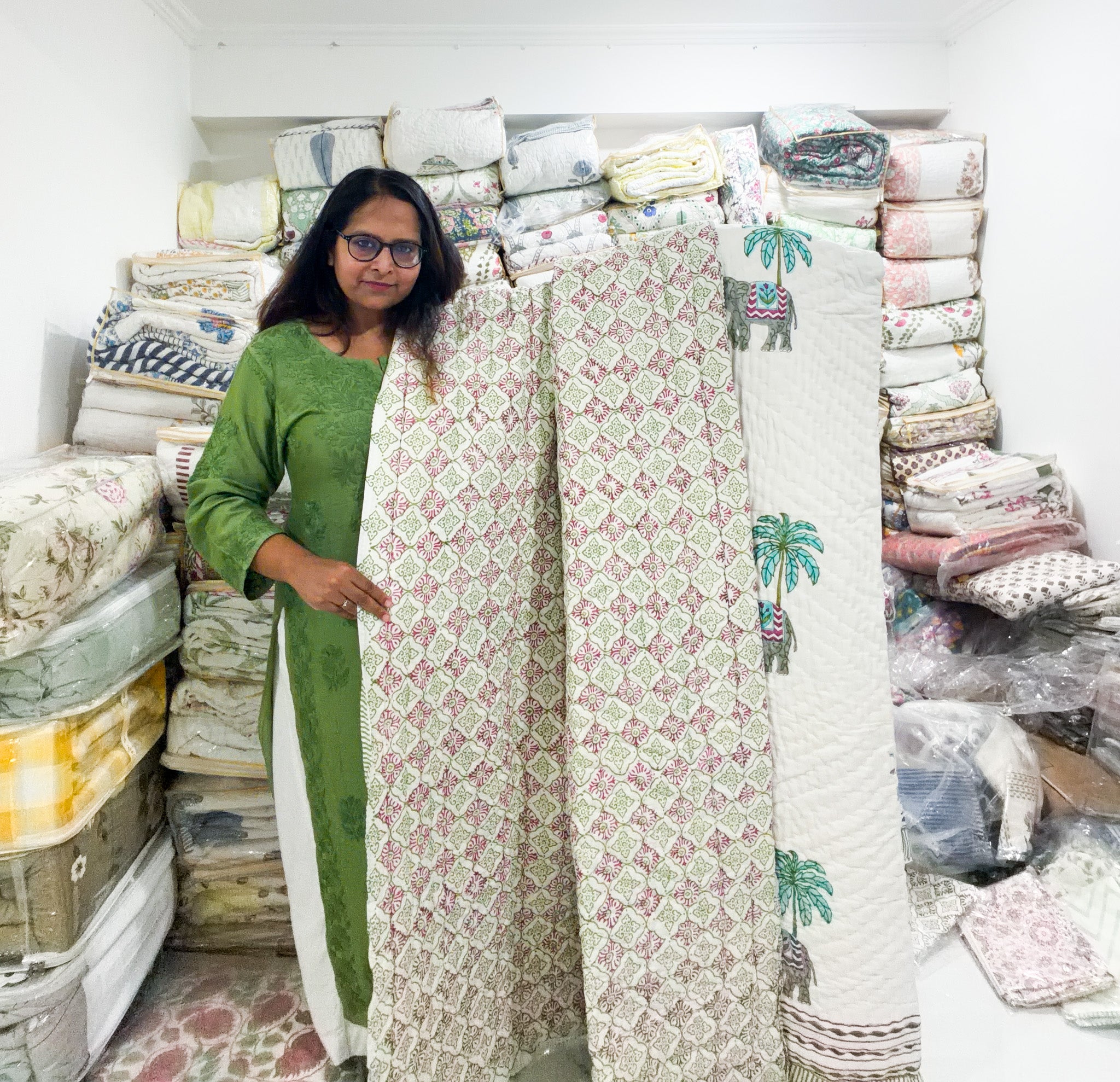 ORA Living Elephant Palm Handblock Reversible Pure Mulmul Cotton Quilt floral or motif detail