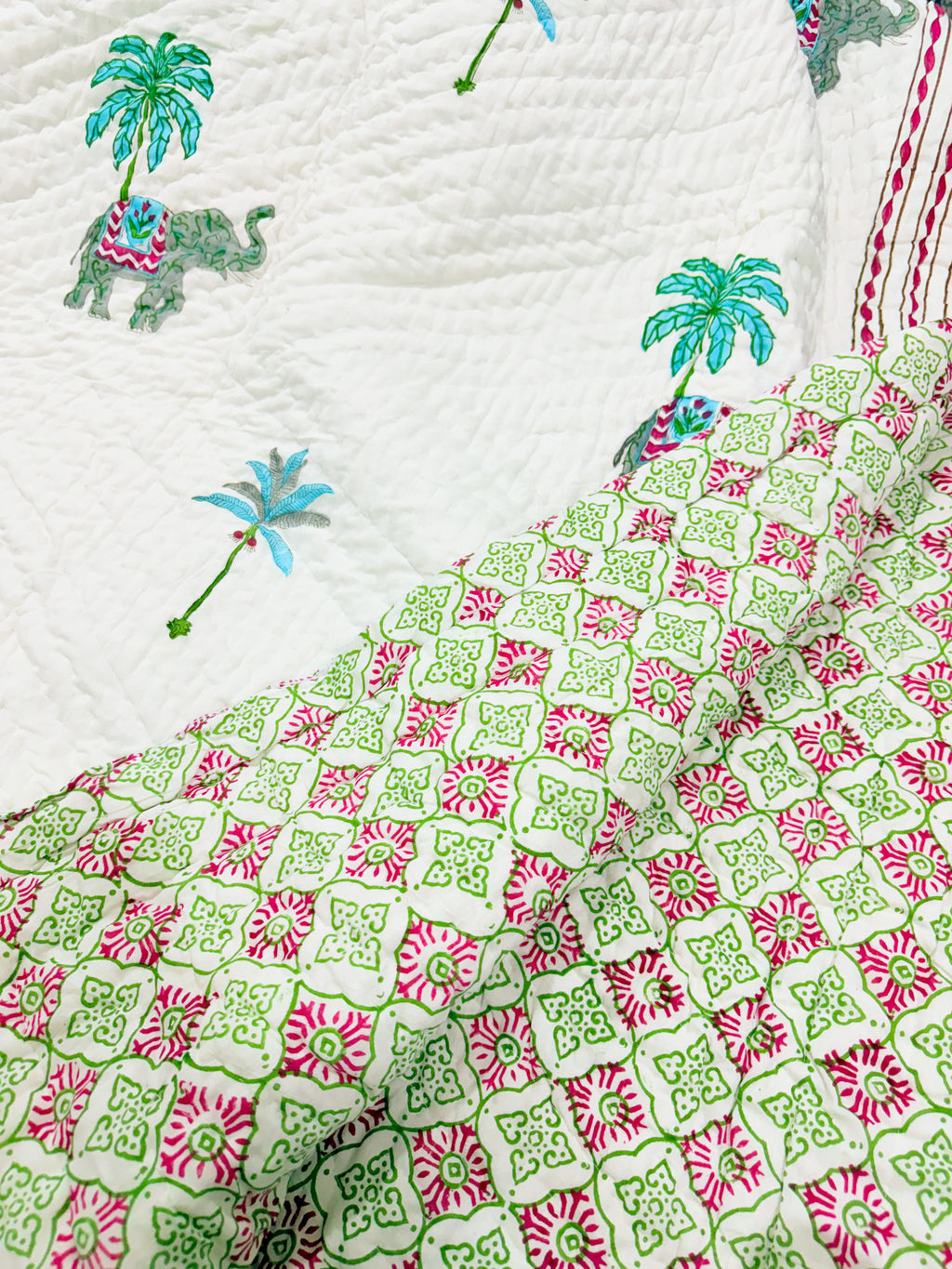 ORA Living Elephant Palm Handblock Reversible Pure Mulmul Cotton Quilt reversible print detail