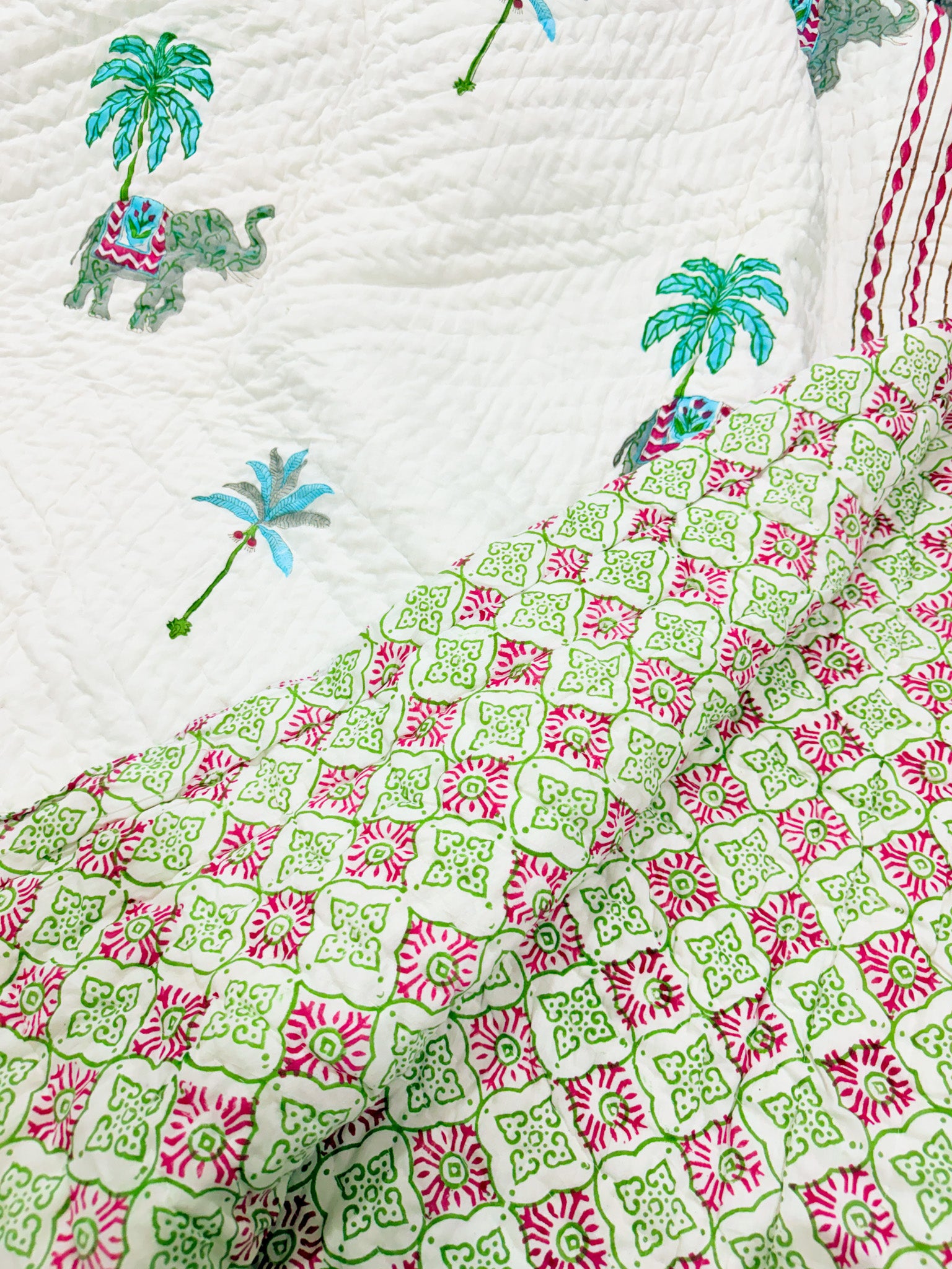 ORA Living Elephant Palm Handblock Reversible Pure Mulmul Cotton Quilt reversible print detail