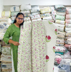 ORA Living Pink Anar Handblock Reversible Pure Mulmul Cotton Quilt shown with both printed sides