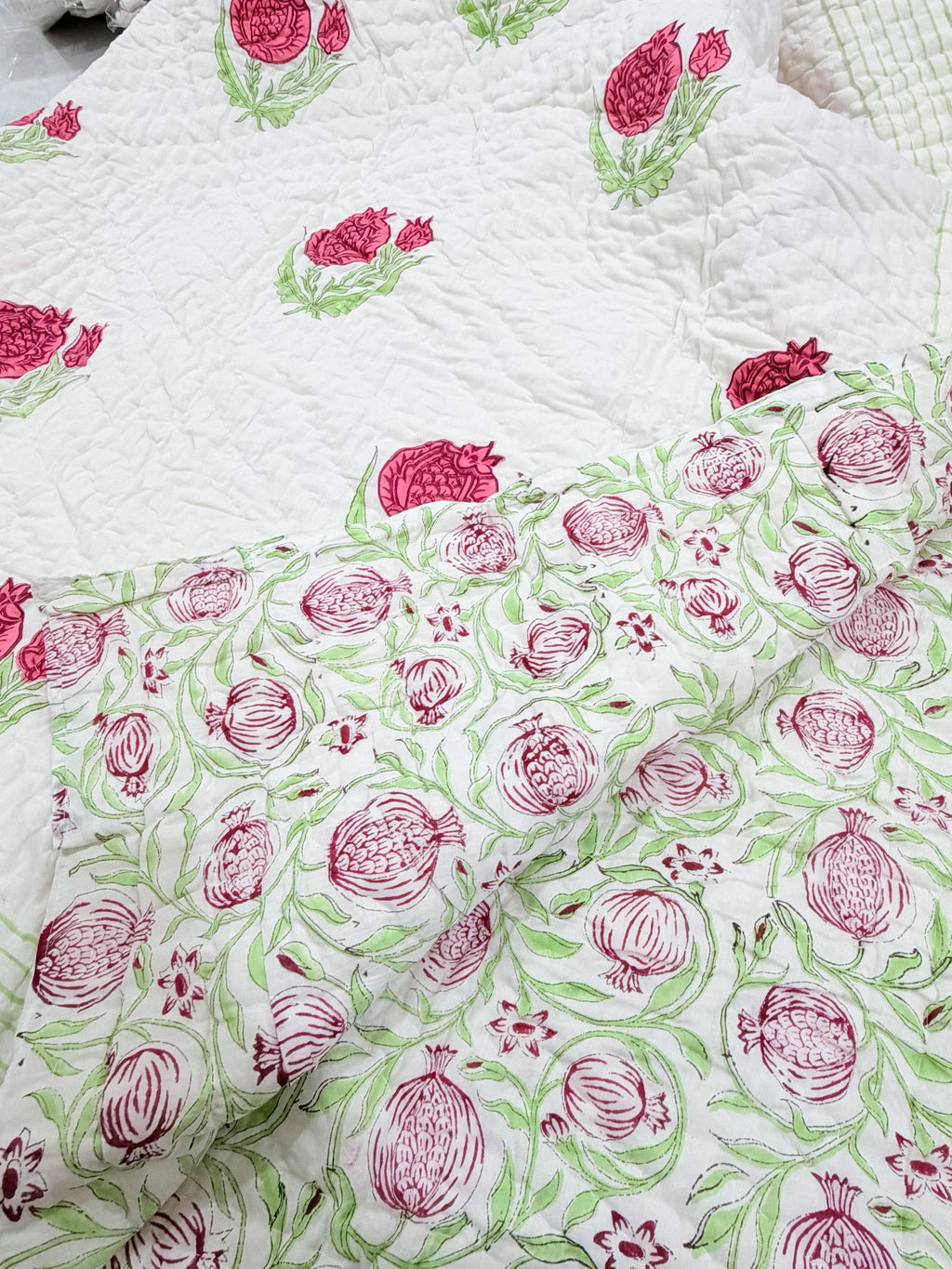 ORA Living Pink Anar Handblock Reversible Pure Mulmul Cotton Quilt floral or motif detail