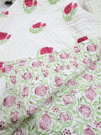 ORA Living Pink Anar Handblock Reversible Pure Mulmul Cotton Quilt floral or motif detail