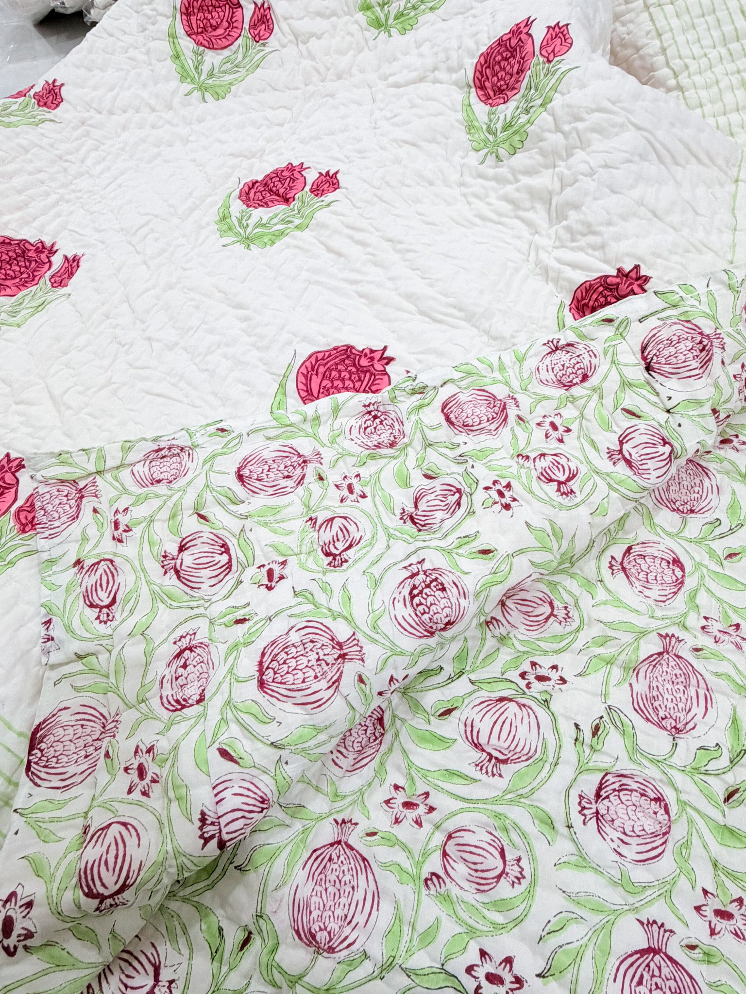 ORA Living Pink Anar Handblock Reversible Pure Mulmul Cotton Quilt floral or motif detail