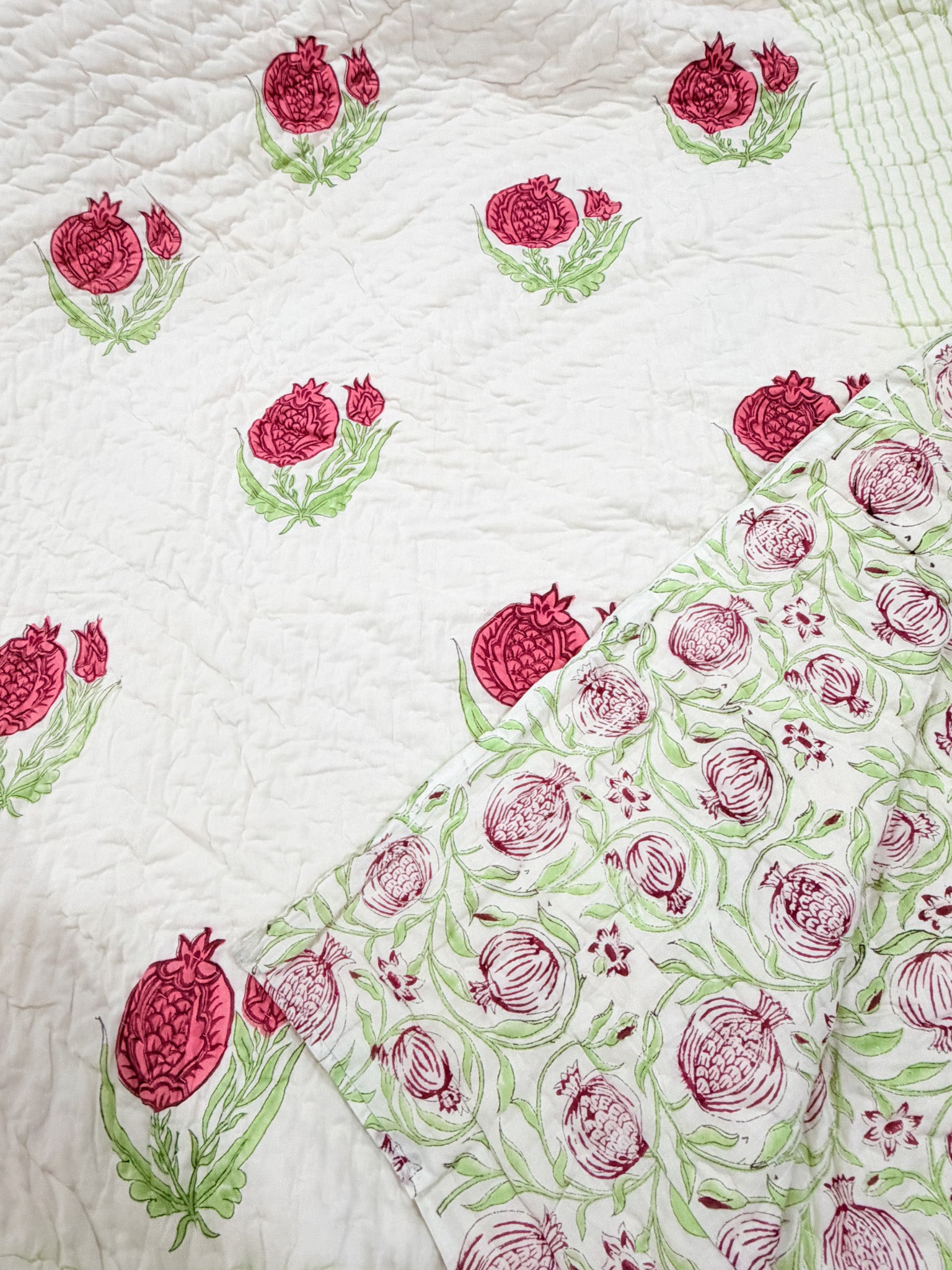 ORA Living Pink Anar Handblock Reversible Pure Mulmul Cotton Quilt reversible print detail