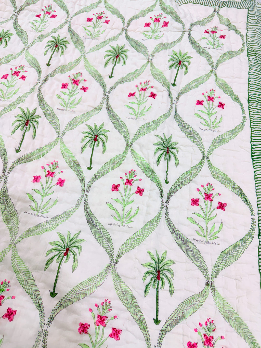 ORA Living Pink Floral Palm Handblock Reversible Pure Mulmul Cotton Quilt floral or motif detail