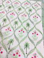 ORA Living Pink Floral Palm Handblock Reversible Pure Mulmul Cotton Quilt floral or motif detail