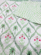 ORA Living Pink Floral Palm Handblock Reversible Pure Mulmul Cotton Quilt reversible print detail