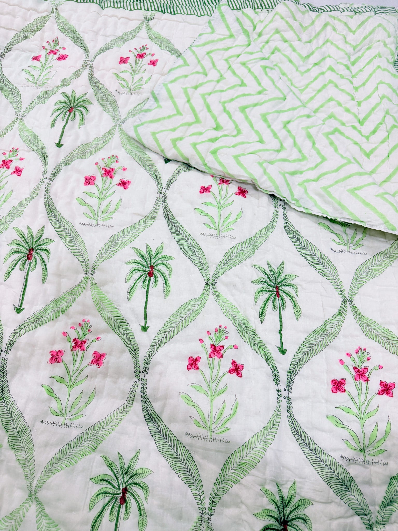 ORA Living Pink Floral Palm Handblock Reversible Pure Mulmul Cotton Quilt reversible print detail